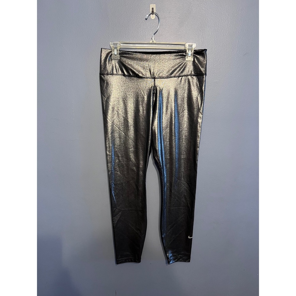 Women's Nike One Icon Clash Shimmer Silver Black Metallic Dri-Fit Leggings SZ LG